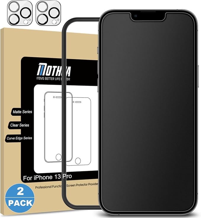 Mothca 2 Pack Matte Glass Screen Protector for iPhone 13 Pro [6.1 inch]+2 Pack Camera Lens Protector, Anti-Glare Anti-Fingerprint Tempered Glass Film by MothcaDirect