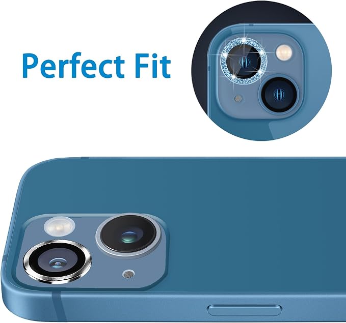 for iPhone 13 Mini & iPhone 13 Camera Lens Protector, Bling Glitter 9H Tempered Glass Camera Cover Anti Scratch Shockproof Screen Protector Individual Ring - 2Pcs Glitter Blue - Image 5
