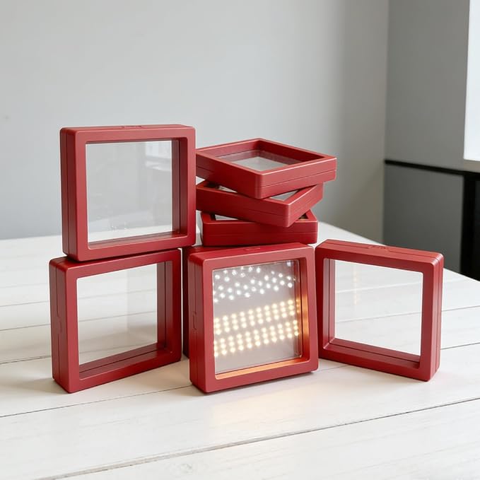 12 PCS Dual-Color Packaging Box 3D Floating Frame Display Stand, Color-Matching Packaging Display Box, Transparent Window Jewelry Case, PE Film Anti-Oxidation Storage Case. (Red+White) - Image 4