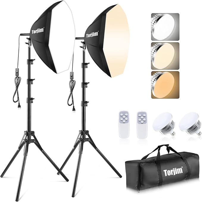 Torjim Softbox Photography Lighting Kit | 20" X 20" & 85W LED Studio Lights | Soft Diffusion For Even Light | 3000-7500K Adjustable LED Bulbs for Studio Photo Video Recording Live Streaming Portraits by Torjim