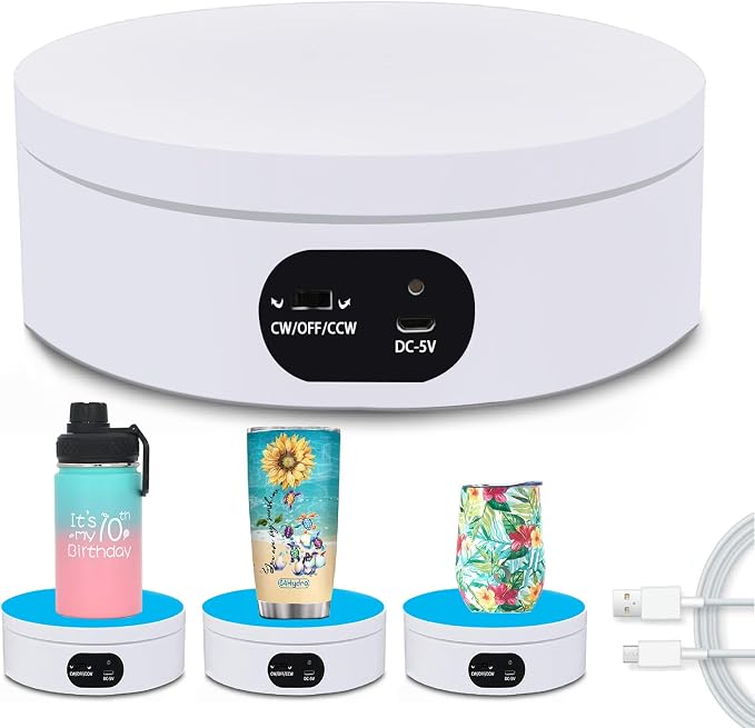 YVV Turner Cup Rotating Display Stand for Epoxy Glitter Tumbler, 360 Degree Automatic Mute Rotating Turntable for Photography Products and Shows. Bling Bling Tumbler Making Supplies Spinner White USB by YVV