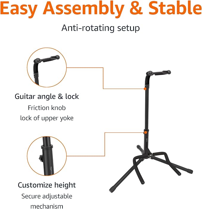 Amazon Basics Height Adjustable Foldable Guitar Stand with Secure Support, Padded Non-Slip Floor-Stand for Acoustic, Electric, Bass and Banjos, Portable Display-Stand, Black (Pack of 10) - Image 3