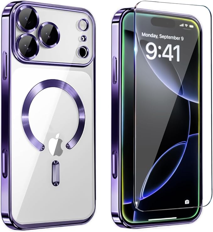 Magnetic Glossy Case for iPhone 17 Pro Max,iPhone 17 ProMax Phone Case Slim Clear Luxury with Screen Protector & Camera Protector [Compatible with MagSafe], Shockproof Cover for iPhone 17 Max-Purple by Unknown