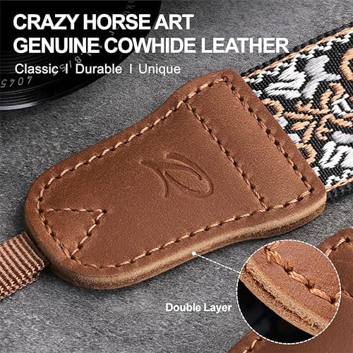Padwa Lifestyle Camera Strap - 1.5" Crazy Horse Cowhide Head Cotton Strap,Vintage Embroidery Camera Straps for Photographers and All Cameras,Cute Adjustable Shoulder Neck Strap for Adults & Kids - Image 2