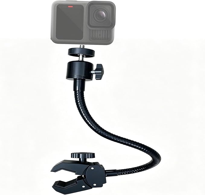 30cm Gooseneck Clamp Camera Mount with 1/4" Screw & 360° Ball Head | Flexible Clip Mount for Handlebar, Desk, Tube, Cross Bar – Compatible with GoPro, Ring, Google Nest, Wyze, Arlo by Unknown