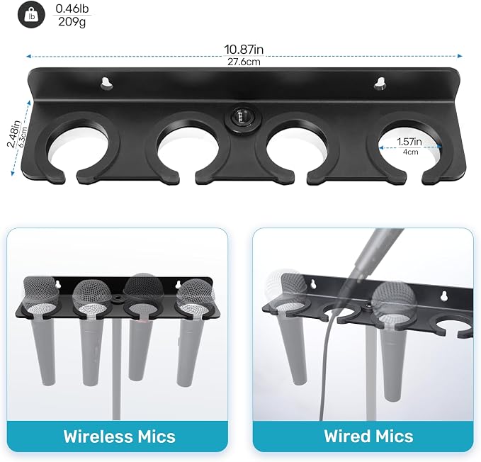 Multi Mic Holder for Stand, Wall Mount for 4 Handheld Wired/Wireless Mics | With Rubber Padding Protection, Fits 5/8"-27 & 3/8"-16 Thread Stand, Holds Up to 4 Dynamic Mics, Sturdy Mic Storage Organizer - Image 5
