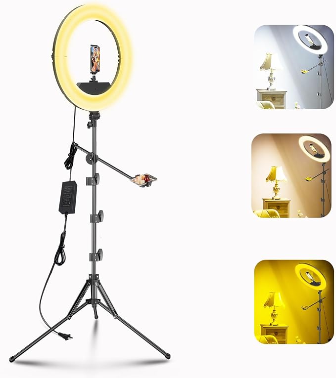 55W18 45cm Ring Light Kit [New Version] 6700K Dimmable LEDRinglightTripod Stand Dual Phone Holder for iPhone Selfie Makeup LashTattoo Studio Lighting Painting,Photo Video Recording (Black) - Image 9
