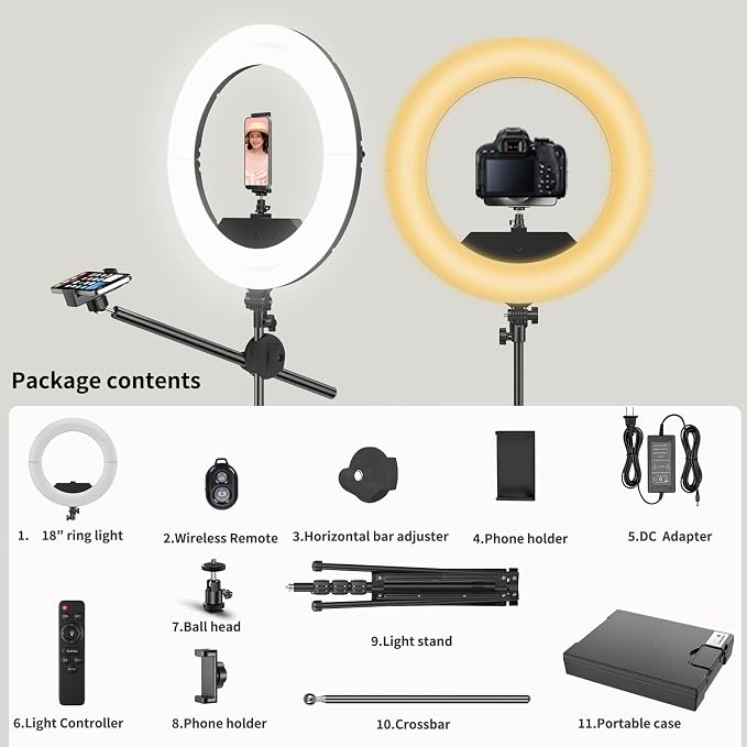 55W18 45cm Ring Light Kit [New Version] 6700K Dimmable LEDRinglightTripod Stand Dual Phone Holder for iPhone Selfie Makeup LashTattoo Studio Lighting Painting,Photo Video Recording (Black) - Image 6
