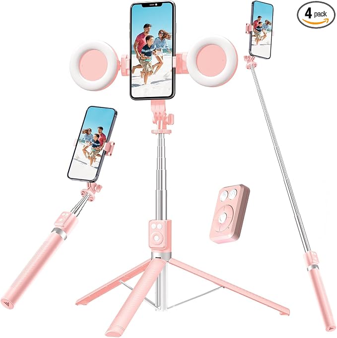 Selfie Stick Tripod with Fill Light, Phone Selfie Stick,Durable Stainless Steel Design,Bluetooth Remote Control,and Stable Three-Legged Support for Live Broadcasts,Video Shooting (Pink) by Mouzakon