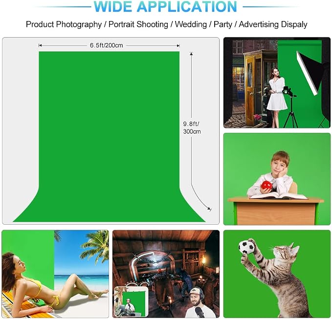 Green Screen Backdrop with Stand for Streaming, 6.5X 10ft (WxH) Protable Green Screen with 6.3 x 6.5 ft Stand kit, Greenscreen Background with Stand Carrying Bag 5 Spring Clamps - Image 2