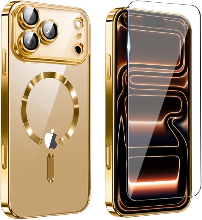 Magnetic Glossy Case for iPhone 17 Pro Max,iPhone 17 ProMax Phone Case Slim Clear Luxury with Screen Protector & Camera Protector [Compatible with MagSafe], Shockproof Cover for iPhone 17 Max-Gold by Unknown