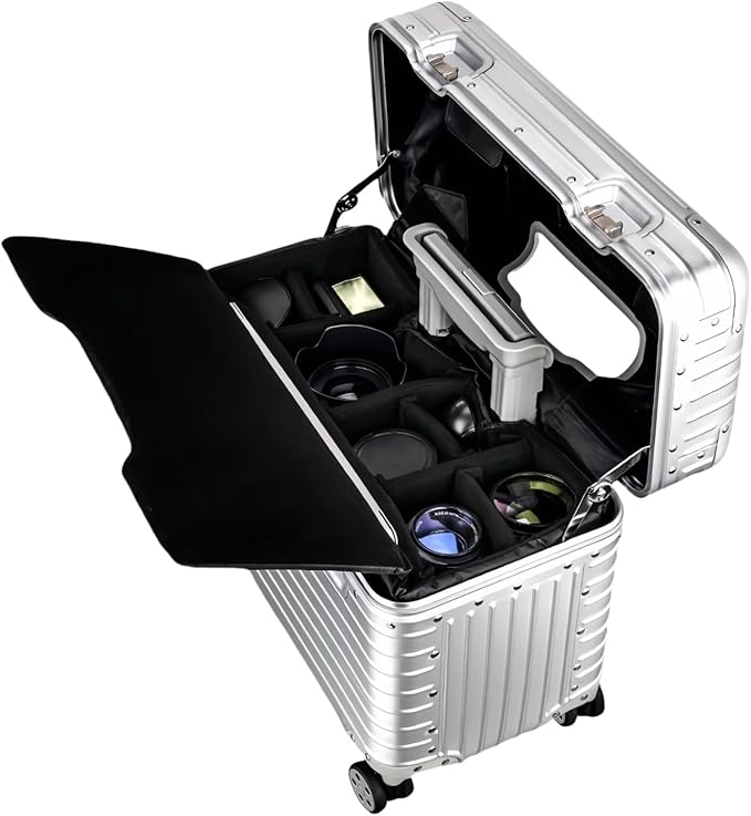 Full Aluminum Rolling Camera Bag 18" Camera Case | Wheeled Photography Gear Case, Carry-on Luggage, Dual TSA locks, Detachable Wheels & Dividers, Fits 17" laptop, DSLRs & Lens by PerlePath