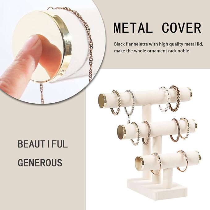 3 Tier Bracelet Holder,Bracelet Display Stand with Metal Cap,Beige White Velvet Jewelry Organizer Displays for Necklace Scrunchies Watches Hair Ties. (Pack of 2) - Image 4
