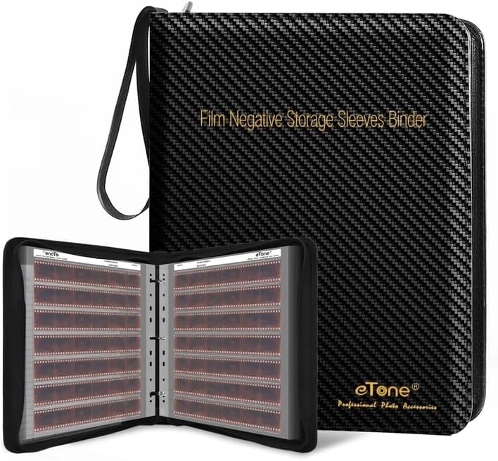 eTone Film Negative Storage Kit, Black PU Leather Album with 50Pcs 35mm Film Acid-Free Sleeves, 13.18x7.08x1.96 Inch, Triple Ring Binder Box by eTone