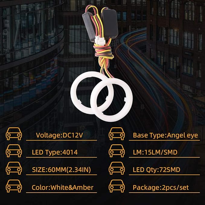 Qasim 1-Pair 60MM White+Amber Switchback 72SMD 4014 LED Halo Ring Angel Eyes Led Lights 12V - Image 3