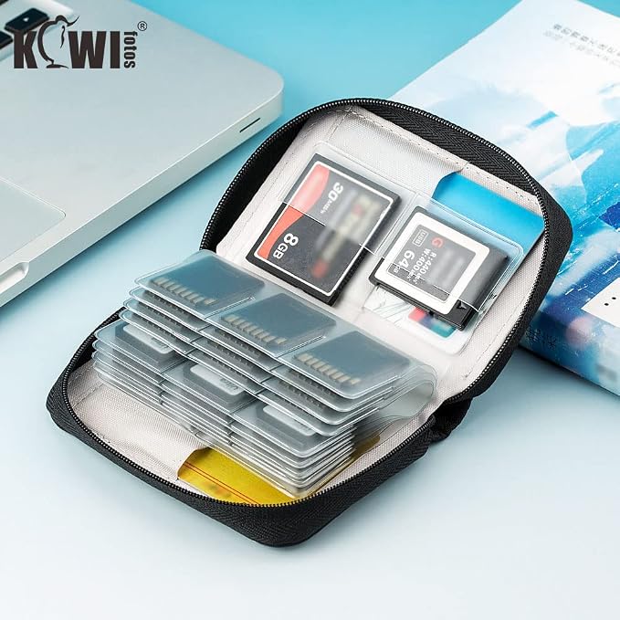 28 Slots SD Card Holder Case with Labels for 24 SD+4 CFB Cards | Holds 24 SD + 4 CF/XQD. Number stickers + notepaper for indexing. Durable polyester. Transparent slots memory Card case. - Image 8