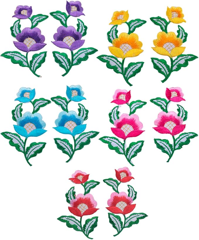 5 Pairs Floral Iron on Applique Flower with Green Vine Embroidered Patch for Collar Dress Accent Shoes Jeans Sewing Accessories Embellishment (Yellow) - Image 4