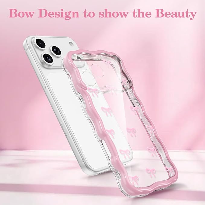 QLTYPRI for iPhone 17 Pro Max Pink Bow Case, Clear Cute Pink Ribbon Bow Phone Case Curly Wavy Aesthetic Phone Cover, Soft Slim Transparent TPU Shockproof Protective Cover for Women Girls - Tiny Bow - Image 2