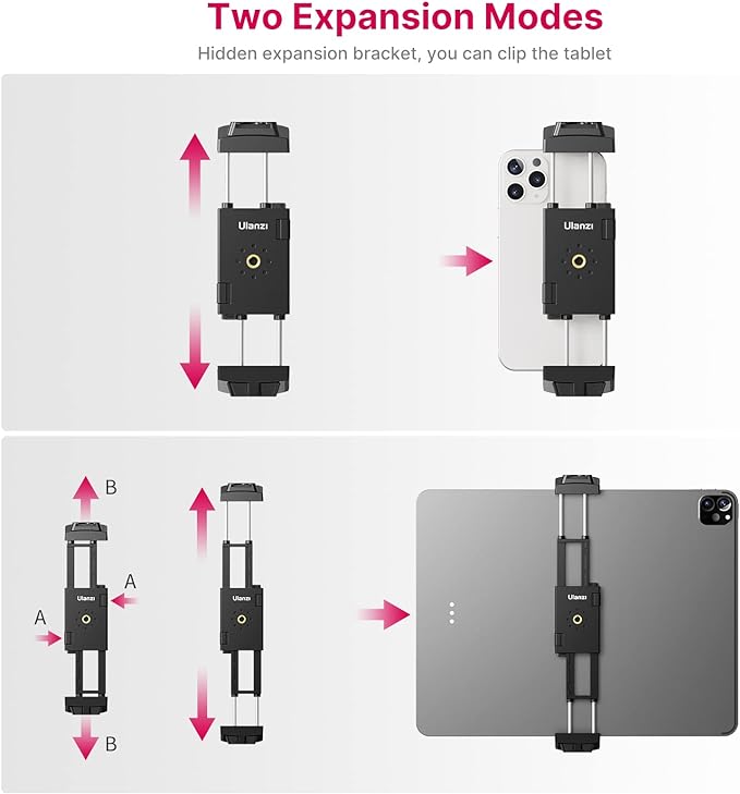 ULANZI ST-29 Phone Tripod Mount, 2-in-1 Tablet Smartphone Holder Adapter | Cold Shoe Mount, Dual 1/4" Screw Holes for tripod, 2.6"-8.8" Extend Clip Clamp Compatible with iPad, iPhone, Android - Image 5
