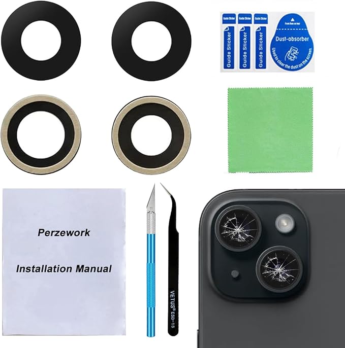 OEM Back Rear Camera Lens Glass Replacement for iPhone 15 and iPhone 15 Plus with pre-Installed Adhesive and Reparing Toolkit by Perzework