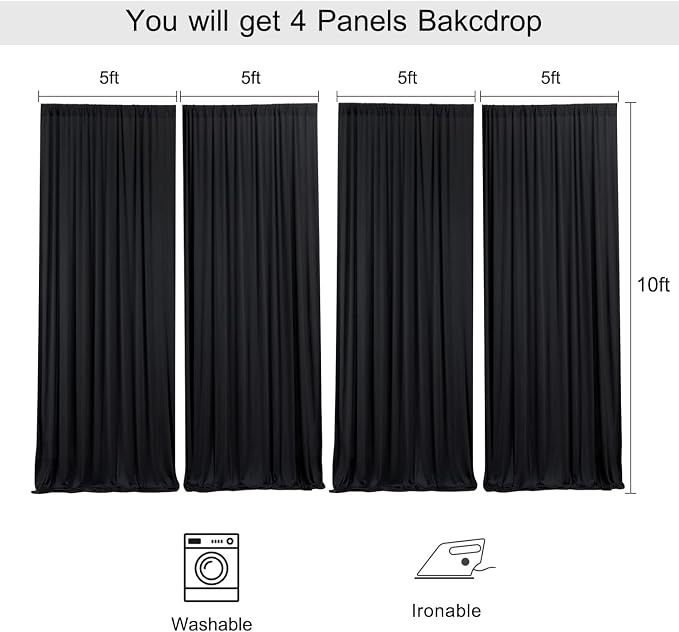 20ft x 10ft Wrinkle Free Black Backdrop Curtains for Parties, 4 Panels 5x10ft Silky Polyester Black Photo Backdrop Drapes for Wedding Graduation Birthday Party Photography Background - Image 5