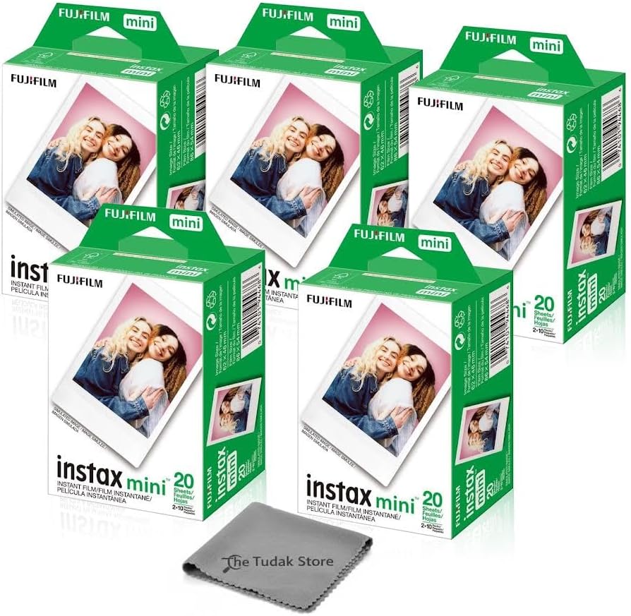 Fujifilm Instax Mini Instant Film, 100 Sheets – White Daylight ISO 800 for Instax Mini 13, 12, 11, 41 Cameras –Bundeld with The Tudak Store Microfiber Cleaning Cloth by FUJIFILM