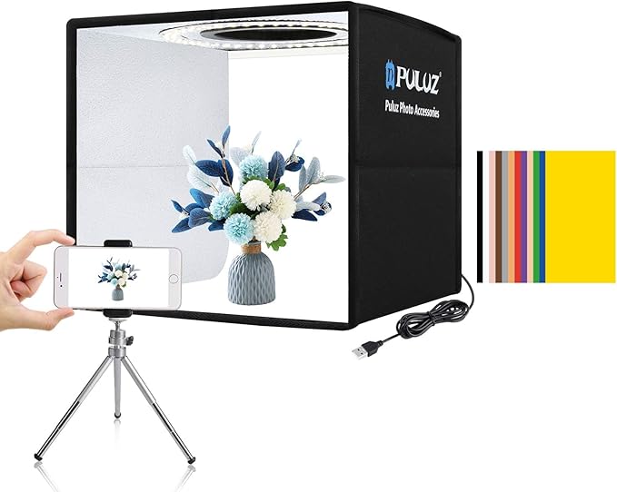 PULUZ Mini Photo Studio Light Box, Photo Shooting Tent kit, Portable Folding Photography Light Tent with CRI >95 104pcs LED Light & 6 Kinds Double-Sided Color Backgrounds for Small Size Products by PULUZ