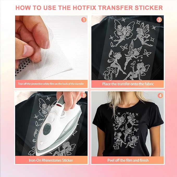 5 Pcs Fairy Pattern Iron on Rhinestones Transfer, Bling Crystal Clothing Repair Applique Heat Transfer Patches for T-Shirt Vest Shoes Hat Jacket Pants Bags Decor - Image 5