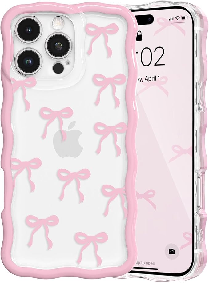 QLTYPRI for iPhone 12 Pro Pink Bow Case, Clear Cute Pink Ribbon Bow Phone Case Curly Wavy Aesthetic Phone Cover, Soft Slim Transparent TPU Shockproof Protective Cover for Women Girls - Ribbon Bow by QLTYPRI