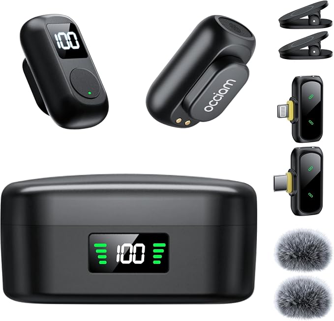 occiam Mini Lavalier Microphone for iPhone & Android Wireless Microphone | Noise Reduction Magnetic Mini Lapel Mic with 54H Charging Case for YouTube Podcast Tiktok Vlogging Video Recording Black by occiam