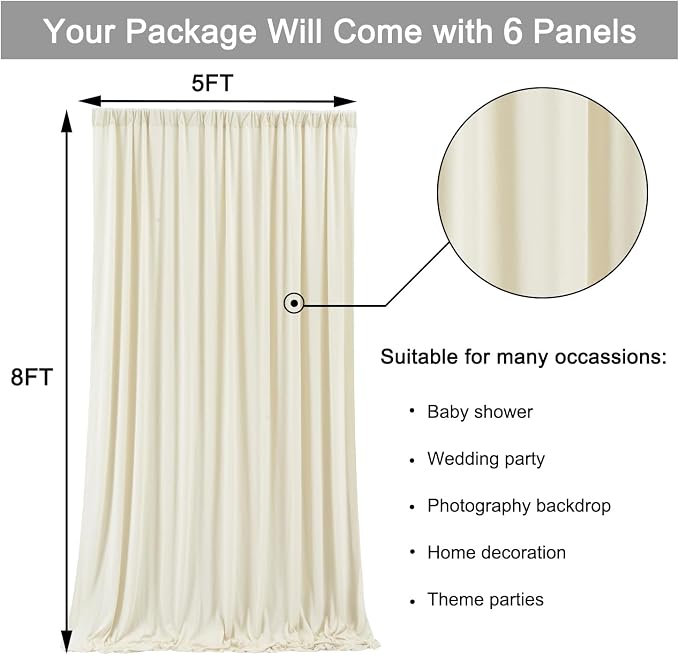 30 ft x 8 ft Ivory Backdrop Curtain Panels, 6 Panels 5 ft x 8 ft Wrinkle Free Polyester Photography Backdrop Drapes, Wedding Party Home Decoration Supplies - Image 5