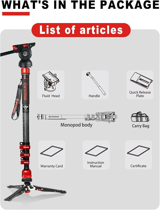 IFOOTAGE Cobra 3 C180F-P+K5S Carbon Fiber Video Monopod 71" | Fluid Head Travel Monopod Kit for Canon Nikon Sony Olympus Panasonic DSLR Camera, Payload 17.64lbs/8KG - Image 9