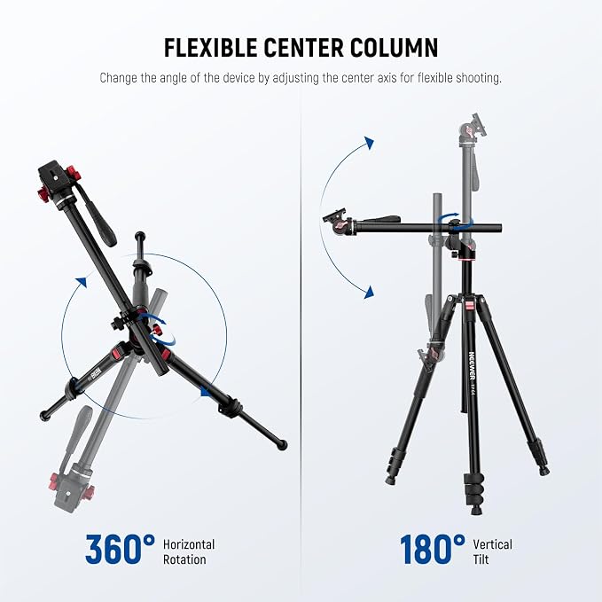 NEEWER Overhead Horizontal Camera Tripod Monopod with Fluid Head & Flexible Center Column, 90 Inch Tall Metal DSLR Video Travel Stand, Arca Type QR Plate & Inverted Legs, Max Load 13.2 lbs, TP64 - Image 2