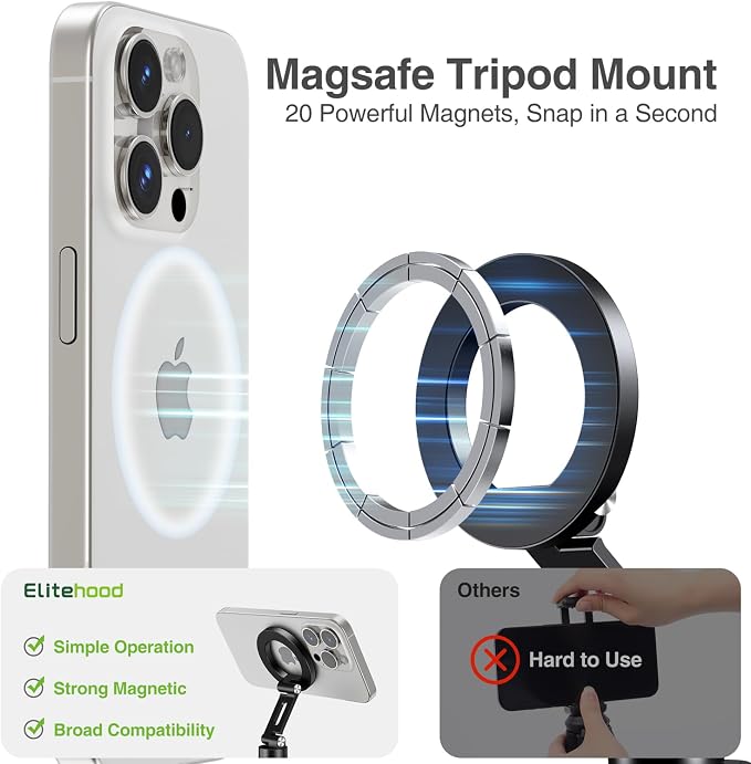 elitehood Magnetic Camera Phone Mount, Magsafe iPhone Tripod Mount | 360° Rotatable Cold Shoe Base, iPhone Tripod Adapter 1/4” Screw & Hot Shoe, 180° Tilt Cell Phone Holder for Tripod Attachment - Image 3