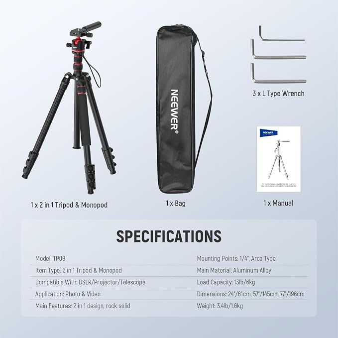 NEEWER BASICS Camera Tripod Monopod, 77" Compact Lightweight Travel DSLR Video Stand 360° Ball Head, Arca Type QR Plate, Reversible Legs, Inverted Central Axis & 2 Cleaning Cloths, 13lb Max Load, TP08 - Image 9