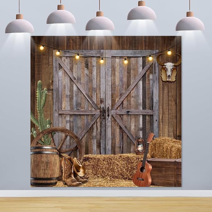 Western Cowboy Backdrop 8x8ft Western Party Decorations Wild West Saloon Rodeo Barn Photography Background Cowboy Theme Birthday Party Decor Banner Photoshoot Supplies - Image 3