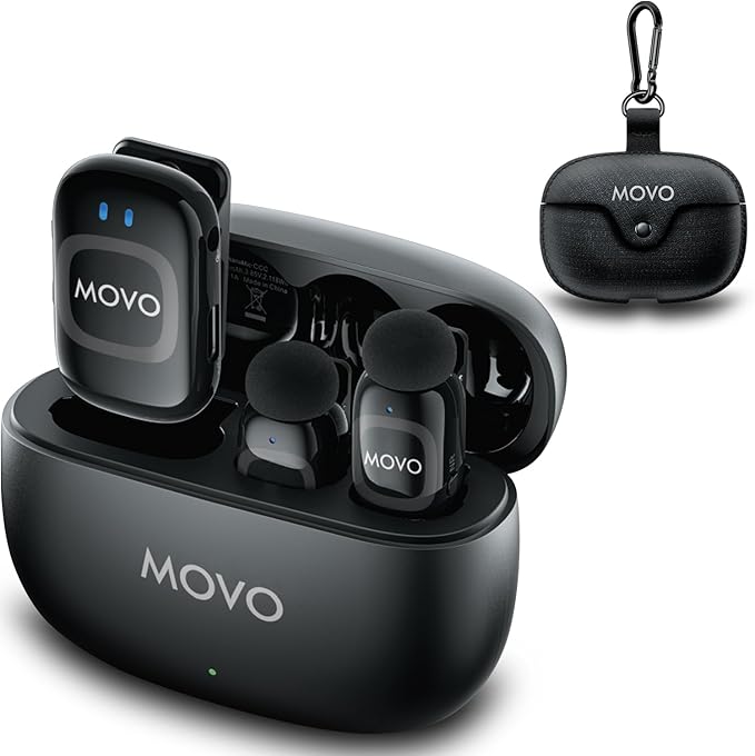 Movo NanoMic Wireless Lavalier Microphone for Camera – Clip-On TRS Wireless Mic System for DSLR, Camcorders, and Mirrorless Cameras – Dual Microphones with Charging Case for Video, Interviews by Movo