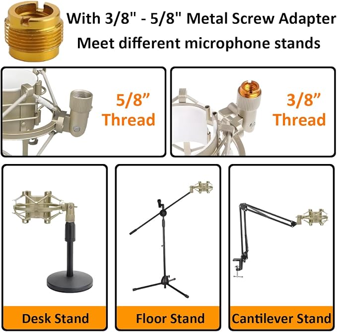 43-48mm Microphone Shock Mount Anti Vibration Mic Suspension Mount Aluminum Alloy Condenser Microphones Holder Clip with Metal Screw Adapter Isolation Absorber Studio Silver - Image 6