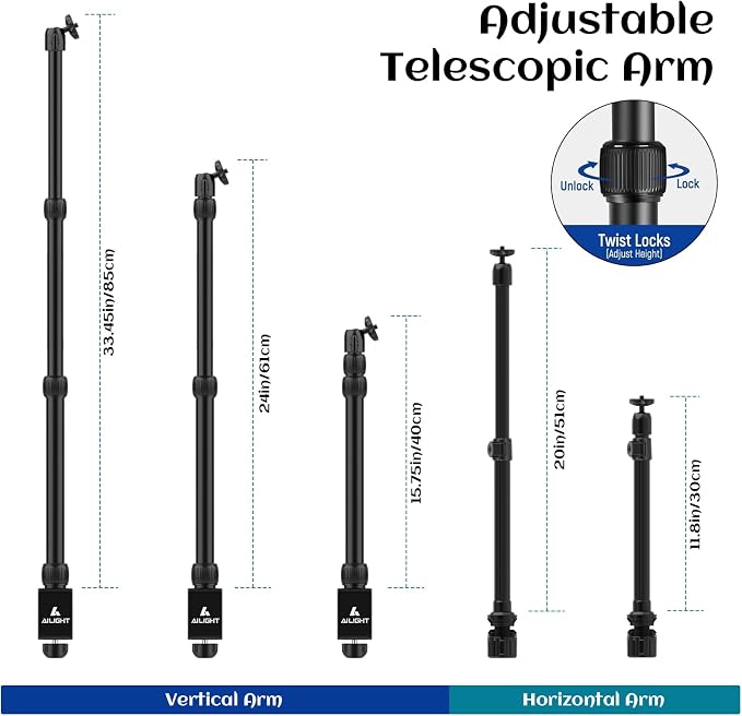 Ailight Camera Desk Mount Stand Overhead, Adjustable Microphone Boom Arm Mic Stand with Phone Holder, Camera Arm Clamp 5/8'' 3/8'' 1/4'' Screws for Shure, Blue Yeti, Rode, Elgato, Fifine, HyperX - Image 3