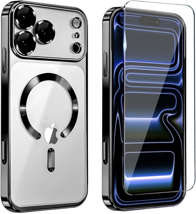 Magnetic Glossy Case for iPhone 17 Pro,iPhone 17Pro Phone Case Slim Clear Luxury with Screen Protector & Camera Protector [Compatible with MagSafe], Shockproof Cover for iPhone Pro 17-Black by Unknown