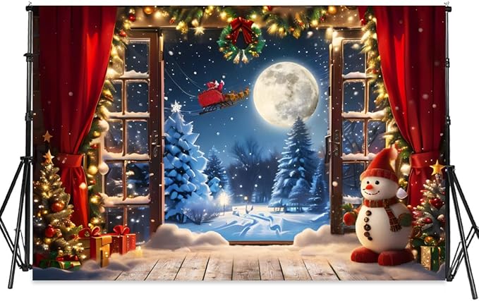 Christmas Backdrop 10x5ft Winter Full Moon Snow Pine Trees Forest Santa Claus Background Snowman Xmas Tree Party Decors Photo Booth Props - Image 7