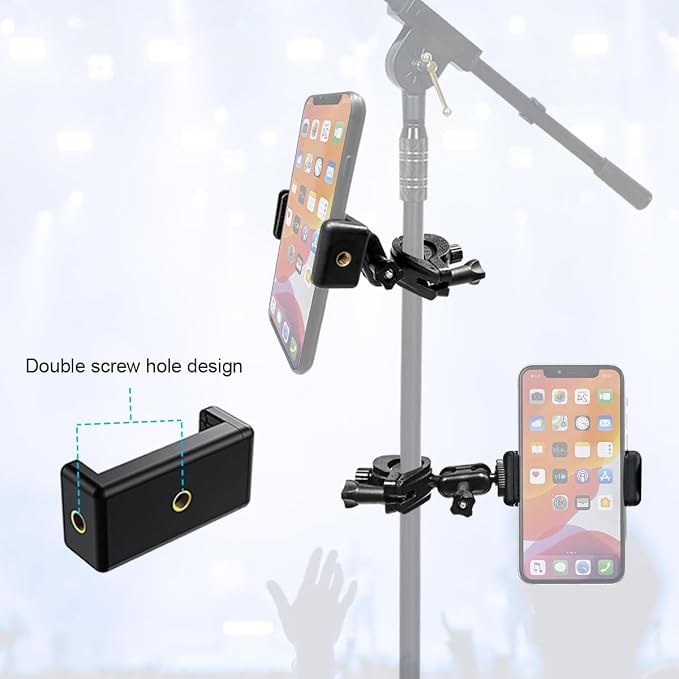 2 Pack Microphone Stand Phone Holder, JCWNIY Universal Mic Stand Phone Holders Adjustable 360° Swivel Phone Holder for Mic Stand Phone Clip Clamp Mount for iPhone, Android, Any Smartphones - Image 2