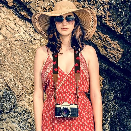 Padwa Lifestyle Red Hearts Camera Strap - 1.5" Crazy Horse Cowhide Head Cotton Strap,Vintage Embroidery Camera Straps for Photographers and All Cameras,Cute Adjustable Neck Strap for Adults & Kids - Image 3