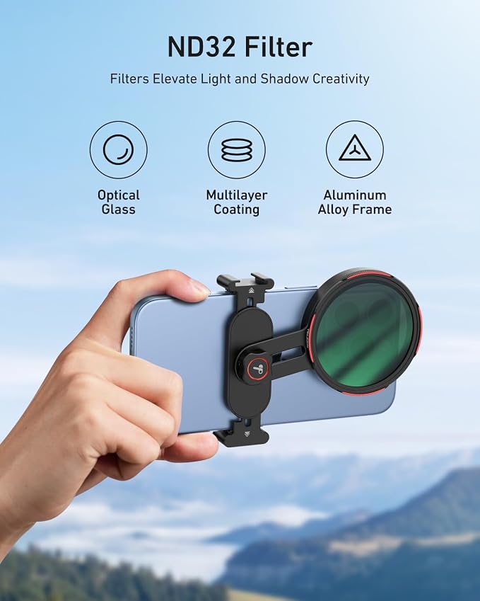 TELESIN 67mm ND32 Filter, DSLR Camera Lens, Multi-Layer Nano-Coated Glass, AR&AF Coating, Long Exposure & Motion Blur, Water & Fingerprint Protection, for Smartphone Mounts - Image 2