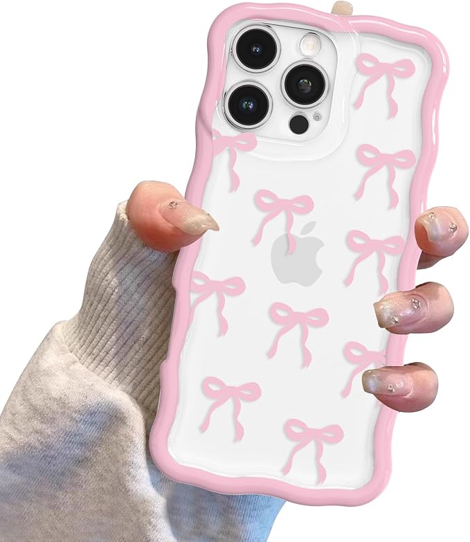 QLTYPRI for iPhone 13 Pro Pink Bow Case, Clear Cute Pink Ribbon Bow Phone Case Curly Wavy Aesthetic Phone Cover, Soft Slim Transparent TPU Shockproof Protective Cover for Women Girls - Ribbon Bow - Image 7