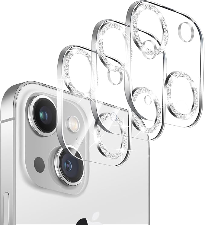 Dengduoduo 3 Pack Tempered Glass Camera Lens Protector for iPhone 15 6.1" & for iPhone 15 Plus 6.7",Bling Glitter, Ultra HD, 9H Hardness, Anti-Scratch, Case Friendly [No Affect on Night Shots]-Silver by Dengduoduo