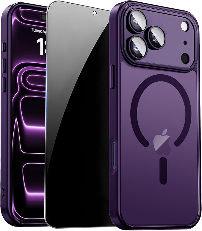 Magnetic for iPhone 17 Pro Max Case, Shockproof Phone Cover, Purple | Full Camera Protector, with Privacy Screen Protector, Compatible with MagSafe, Translucent Matte Phone Case for Women Girls by ZOZDOKG