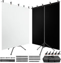 Black White Backdrop Screen with Stand Kit for Photo Video Studio Filming 5X6.5ft, Black Backdrop White Photo Curtain Background with T Shape Stand and 5 Spring Clamp for Photography Party Decorations by JEBUTU