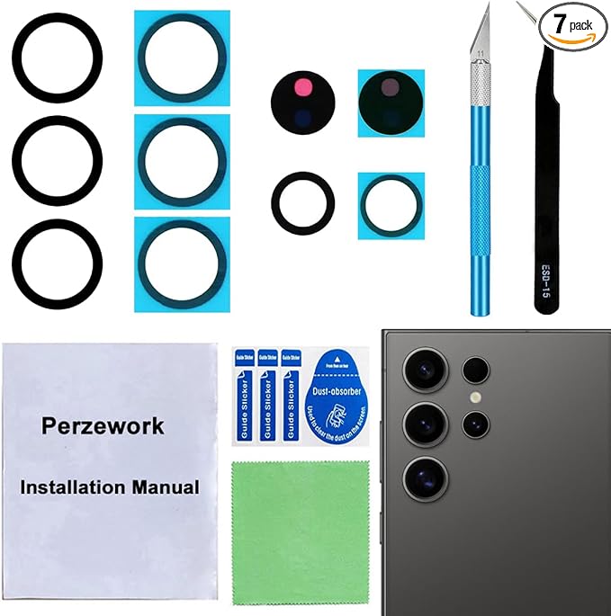 2 Sets Rear Back Camera Lens Glass Replacement for Samsung Galaxy S24 Ultra with Reparing Toolkit by Perzework