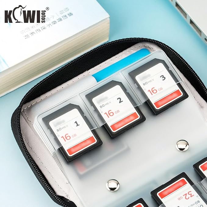 28 Slots SD Card Holder Case with Labels for 24 SD+4 CFB Cards | Holds 24 SD + 4 CF/XQD. Number stickers + notepaper for indexing. Durable polyester. Transparent slots memory Card case. - Image 9